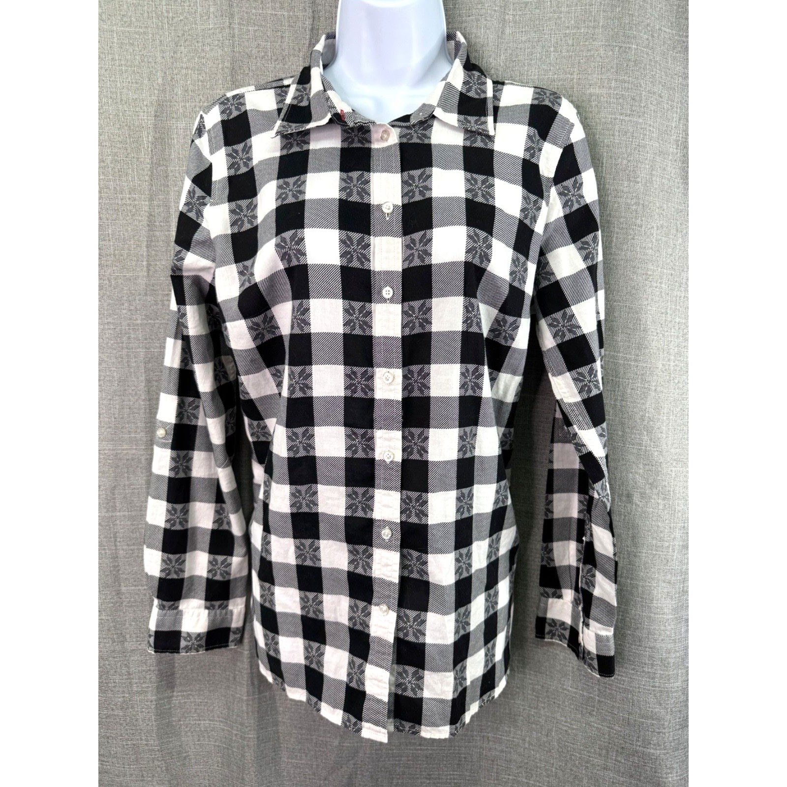 Talbot's Long Sleeve Check Pattern Button Down Blouse Women's Size M Black White